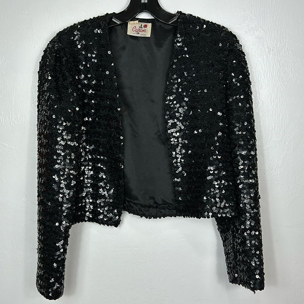 Caron Chicago Vintage Black Sequined Open Front Bolero Style Jacket Size 8